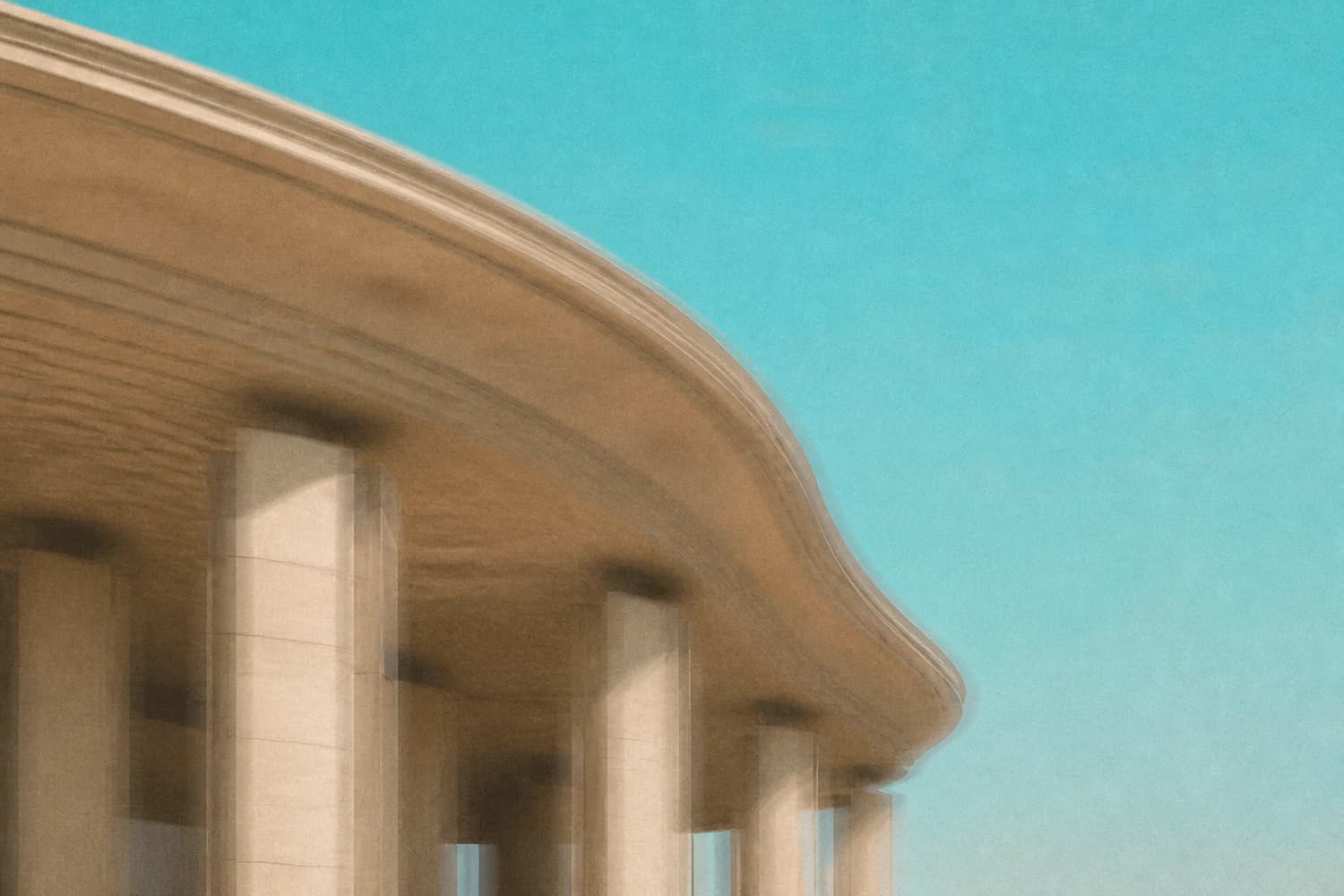 An original motion-blurred warm-stone pavilion against an aqua sky